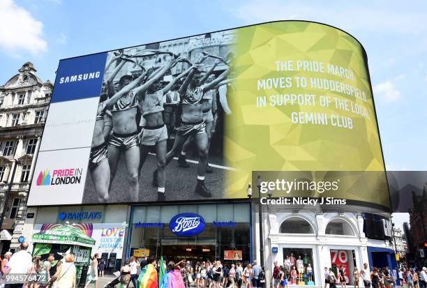 Piccadilly Circus Pride in London Screen Takeover during Pride in London 2018 on July 07, 2018 in London, England.