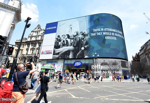 Piccadilly Circus Pride in London Screen Takeover during Pride in London 2018 on July 07, 2018 in London, England.