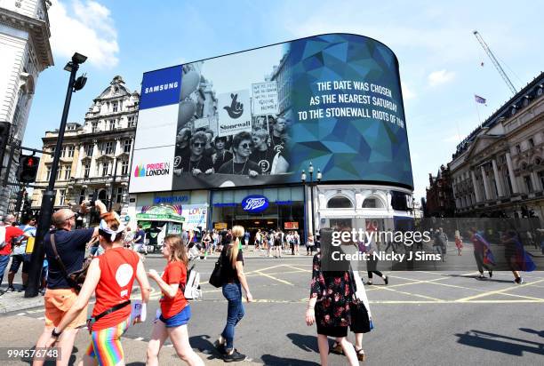 Piccadilly Circus Pride in London Screen Takeover during Pride in London 2018 on July 07, 2018 in London, England.