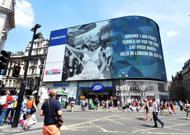 Piccadilly Circus Pride in London Screen Takeover during Pride in London 2018 on July 07, 2018 in London, England.