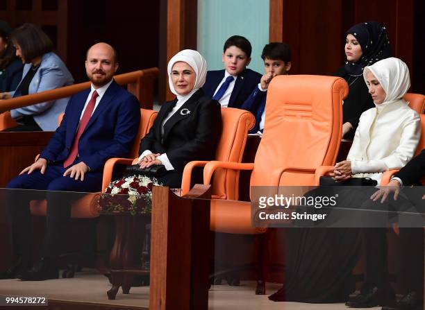 Turkey's President Recep Tayyip Erdogan's his son Bilal Erdogan , his wife Emine Erdogan , his daughter Sumeyye Bayraktar watch the oath taking...