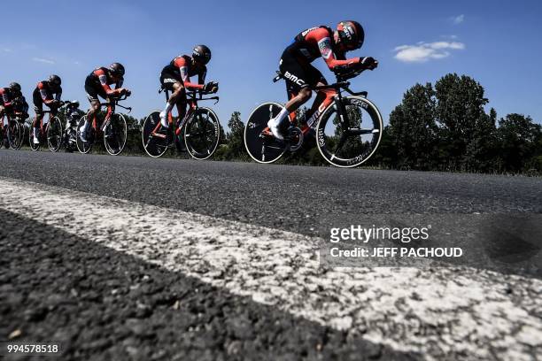 Riders of USA's BMC Racing cycling team pedal during the third stage of the 105th edition of the Tour de France cycling race, a 35.5 km team...