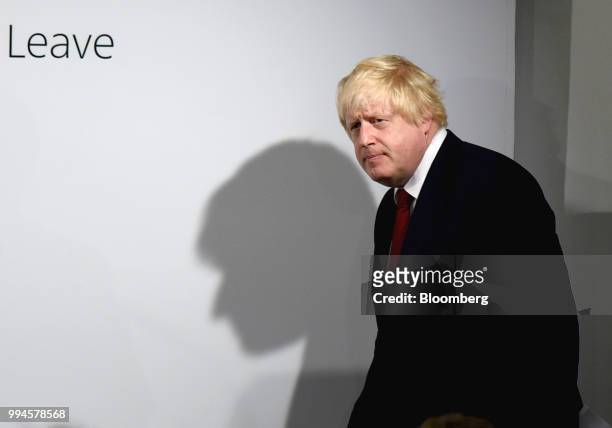 Boris Johnson, former mayor of London, arrives to speak at a news conference at the Vote Leave headquarters following the results in the European...