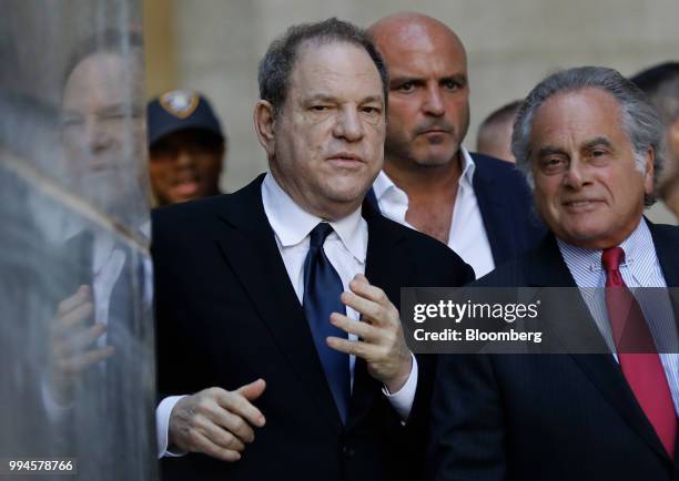 Harvey Weinstein, former co-chairman of the Weinstein Co., left, exits from state supreme court with attorney Benjamin Brafman in New York, U.S., on...