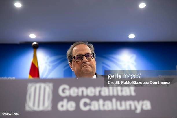 Catalan regional president Quim Torra attends a press conference at Blanquerna Cultural Centre after his meeting with Spanish Prime Minister Pedro...