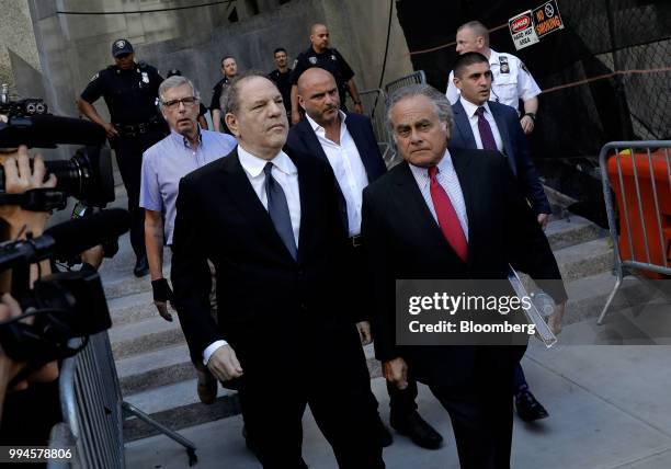 Harvey Weinstein, former co-chairman of the Weinstein Co., left, exits from state supreme court with attorney Benjamin Brafman in New York, U.S., on...