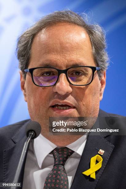 Catalan regional president Quim Torra speaks during a press conference at Blanquerna Cultural Centre after his meeting with Spanish Prime Minister...