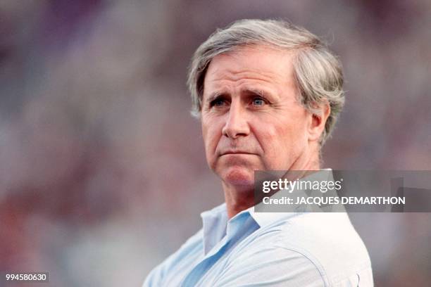 Portrait taken on May 21, 1989 at the Stade Vélodrome in Marseille shows French manager of the Olympique de Marseille football club Michel Hidalgo...