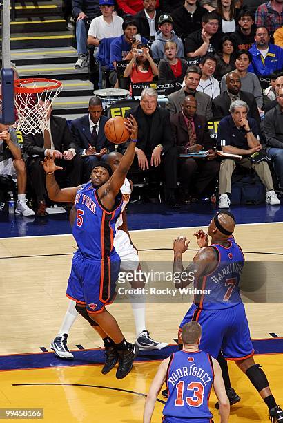Bill Walker of the New York Knicks rebounds during the game against the Golden State Warriors at Oracle Arena on April 2, 2010 in Oakland,...