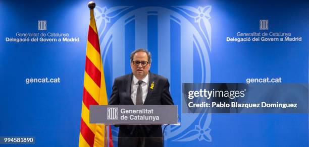 Catalan regional president Quim Torra speaks during a press conference at Blanquerna Cultural Centre after his meeting with Spanish Prime Minister...