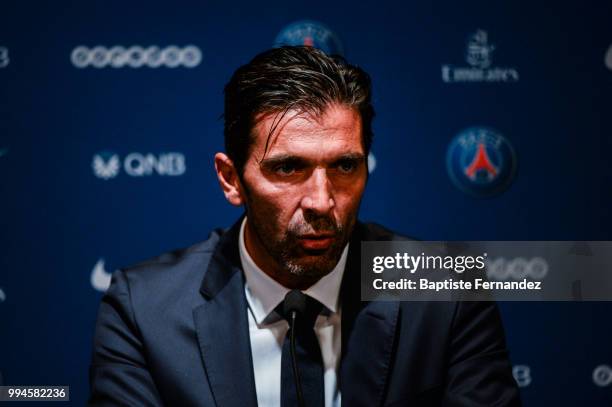 Gianluigi Buffon new signing player of Paris Saint Germain during Press Conference Paris Saint Germain at Parc des Princes on July 9, 2018 in Paris,...