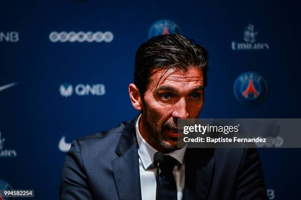 Gianluigi Buffon new signing player of Paris Saint Germain during Press Conference Paris Saint Germain at Parc des Princes on July 9, 2018 in Paris,...