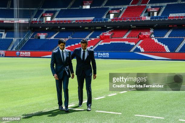President of Paris Saint Germain Nasser Al Khelaifi and Gianluigi Buffon new signing player of Paris Saint Germain during Press Conference Paris...