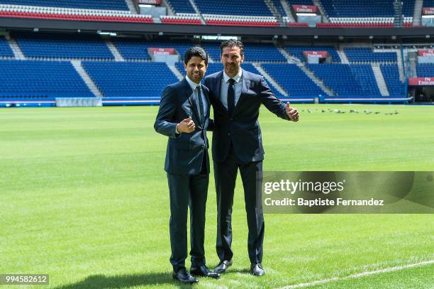 President of Paris Saint Germain Nasser Al Khelaifi and Gianluigi Buffon new signing player of Paris Saint Germain during Press Conference Paris...