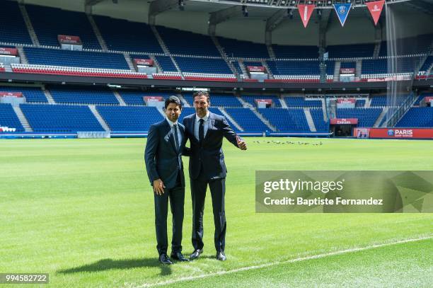 President of Paris Saint Germain Nasser Al Khelaifi and Gianluigi Buffon new signing player of Paris Saint Germain during Press Conference Paris...