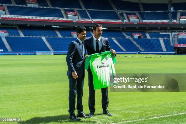 President of Paris Saint Germain Nasser Al Khelaifi and Gianluigi Buffon new signing player of Paris Saint Germain during Press Conference Paris...