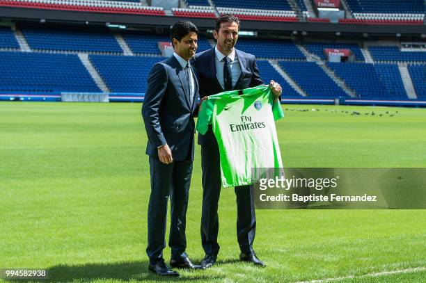 President of Paris Saint Germain Nasser Al Khelaifi and Gianluigi Buffon new signing player of Paris Saint Germain during Press Conference Paris...