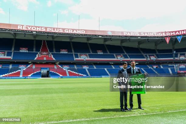 President of Paris Saint Germain Nasser Al Khelaifi and Gianluigi Buffon new signing player of Paris Saint Germain during Press Conference Paris...