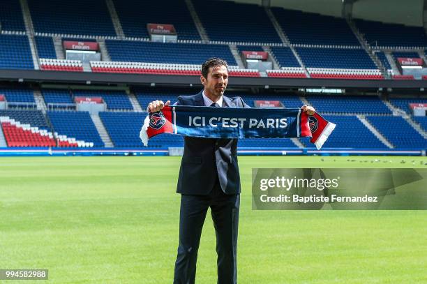 Gianluigi Buffon new signing player of Paris Saint Germain during Press Conference Paris Saint Germain at Parc des Princes on July 9, 2018 in Paris,...