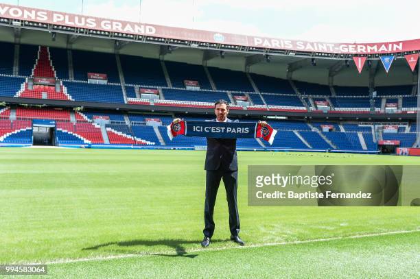 Gianluigi Buffon new signing player of Paris Saint Germain during Press Conference Paris Saint Germain at Parc des Princes on July 9, 2018 in Paris,...