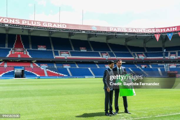 President of Paris Saint Germain Nasser Al Khelaifi and Gianluigi Buffon new signing player of Paris Saint Germain during Press Conference Paris...