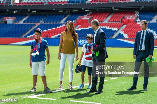 Gianluigi Buffon new signing player of Paris Saint Germain wife's and children's during Press Conference Paris Saint Germain at Parc des Princes on...