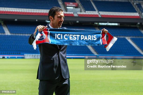 Gianluigi Buffon new signing player of Paris Saint Germain during Press Conference Paris Saint Germain at Parc des Princes on July 9, 2018 in Paris,...