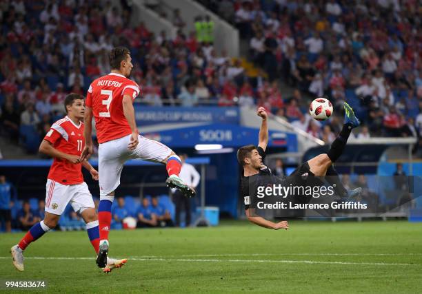 Andrej Kramaric of Croatia shoots at goal with an over head kick during the 2018 FIFA World Cup Russia Quarter Final match between Russia and Croatia...