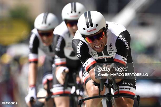 Ten Netherlands' Laurens ten Dam of Germany's Team Sunweb cycling team crosses the finish line of the third stage of the 105th edition of the Tour de...