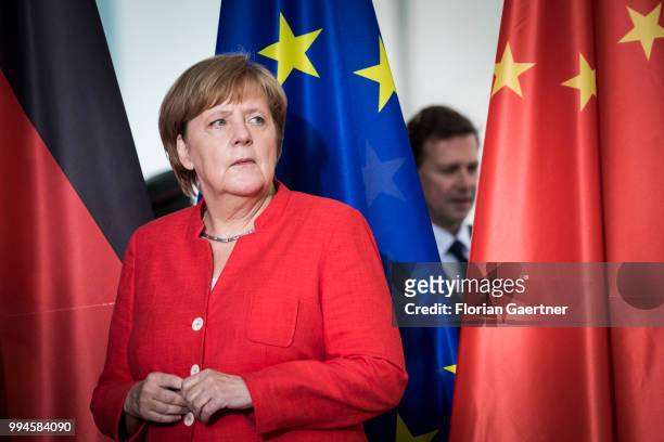 German Chancellor Angela Merkel is pictured during the meeting with Li Keqiang , Prime Minister of China, on July 09, 2018 in Berlin, Germany. The...