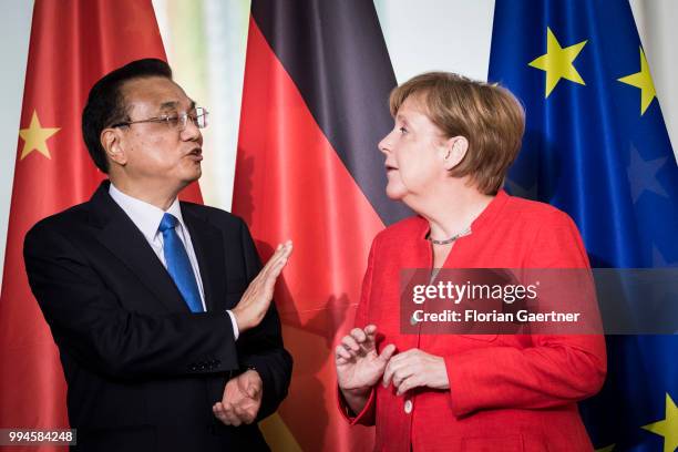 German Chancellor Angela Merkel and Li Keqiang, Prime Minister of China are pictured on July 09, 2018 in Berlin, Germany. The two governments are...