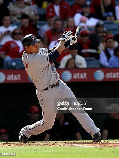 Jhonny Peralta of the Cleveland Indians bats against the Los Angeles Angels of Anaheim on April 28, 2010 at Angel Stadium in Anaheim, California.