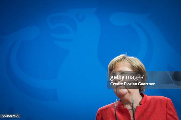 German Chancellor Angela Merkel, is pictured during a press conference with Li Keqiang, Prime Minister of China , on July 09, 2018 in Berlin,...