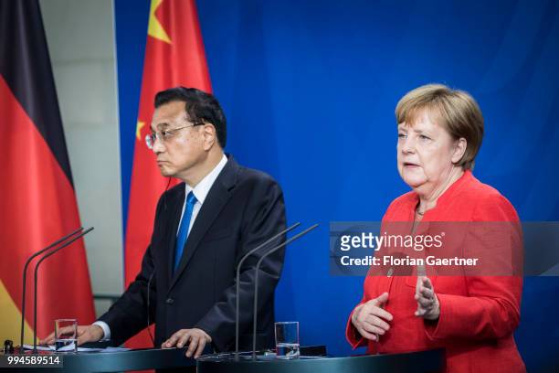 German Chancellor Angela Merkel , and Li Keqiang , Prime Minister of China, are pictured during a press conference on July 09, 2018 in Berlin,...