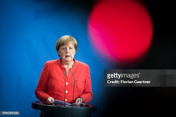 German Chancellor Angela Merkel, is pictured during a press conference with Li Keqiang, Prime Minister of China , on July 09, 2018 in Berlin,...
