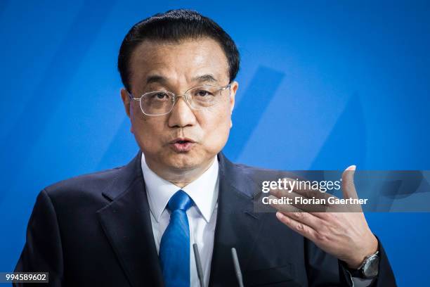 Li Keqiang, Prime Minister of China, is pictured during a press conference with German Chancellor Angela Merkel on July 09, 2018 in Berlin, Germany....