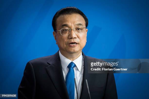 Li Keqiang, Prime Minister of China, is pictured during a press conference with German Chancellor Angela Merkel on July 09, 2018 in Berlin, Germany....