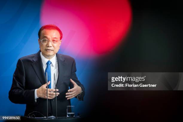Li Keqiang, Prime Minister of China, is pictured during a press conference with German Chancellor Angela Merkel on July 09, 2018 in Berlin, Germany....