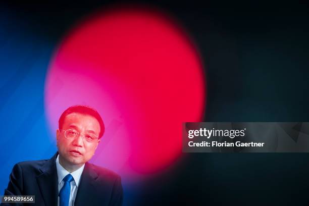 Li Keqiang, Prime Minister of China, is pictured during a press conference with German Chancellor Angela Merkel on July 09, 2018 in Berlin, Germany....