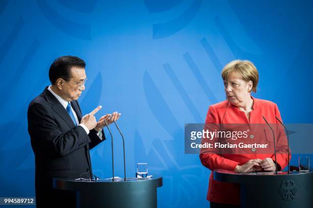 German Chancellor Angela Merkel , and Li Keqiang , Prime Minister of China, are pictured during a press conference on July 09, 2018 in Berlin,...
