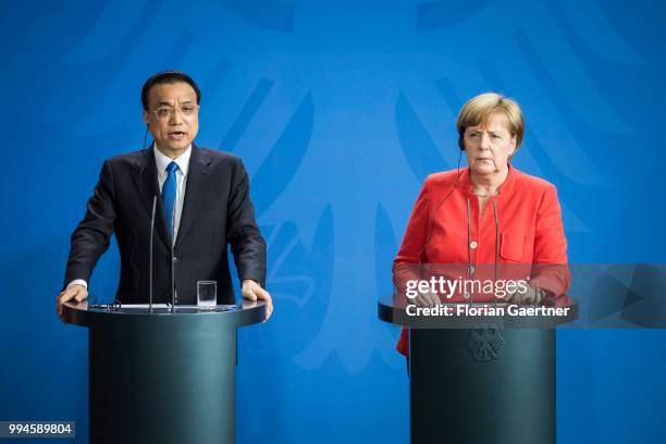 German Chancellor Angela Merkel , and Li Keqiang , Prime Minister of China, are pictured during a press conference on July 09, 2018 in Berlin,...