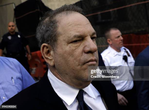 Harvey Weinstein, former co-chairman of the Weinstein Co., exits from state supreme court in New York, U.S., on Monday, July 9, 2018. Weinstein...