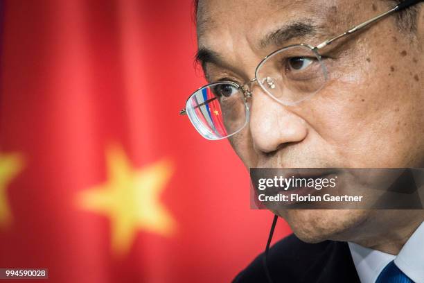 Li Keqiang, Prime Minister of China, is pictured during a press conference with German Chancellor Angela Merkel on July 09, 2018 in Berlin, Germany....