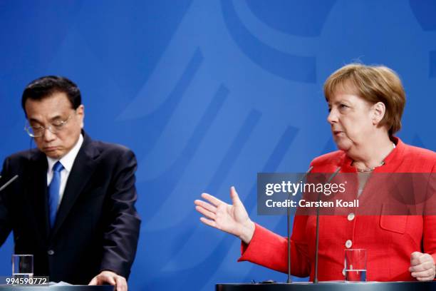 German Chancellor Angela Merkel and Chinese Premier Li Keqiang speak to the media following Germany-China government consultations on July 9, 2018 in...