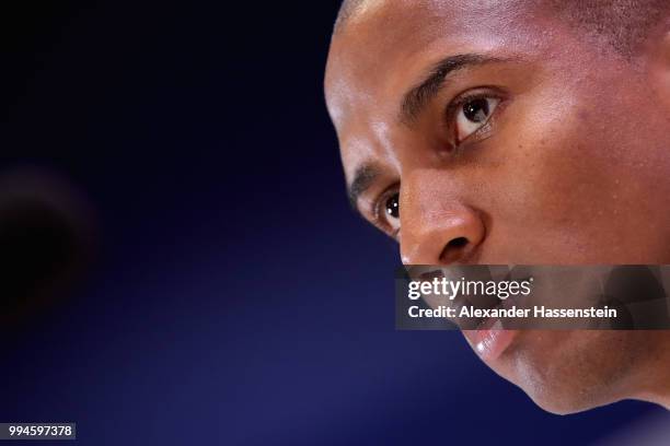 Ashley Young of Englans speaks to the media during an England press conference at Repino Cronwell Park Hotel on July 9, 2018 in Saint Petersburg,...