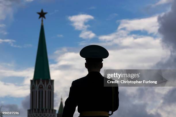 Soldier guards The Kremlin Red Square ahead of the World Cup semi-final game between England and Croatia on July 9, 2018 in Moscow, Russia. Many...