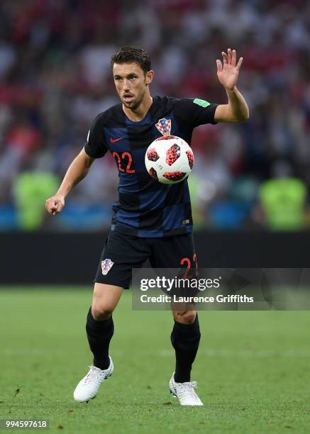 Josip Pivaric of Croatia runs with the ball during the 2018 FIFA World Cup Russia Quarter Final match between Russia and Croatia at Fisht Stadium on...