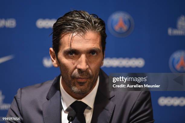 Gianluigi Buffon addresses the press during a press conference after signing with the Paris Saint-Germain Football Club at Parc des Princes on July...