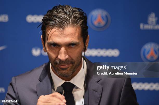 Gianluigi Buffon addresses the press during a press conference after signing with the Paris Saint-Germain Football Club at Parc des Princes on July...