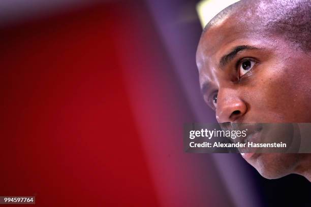 Ashley Young of Englans speaks to the media during an England press conference at Repino Cronwell Park Hotel on July 9, 2018 in Saint Petersburg,...